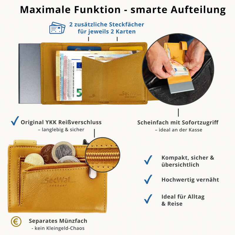 Kartenetui mit Münzfach Reißverschluss Geldbörse aus Leder - gelb