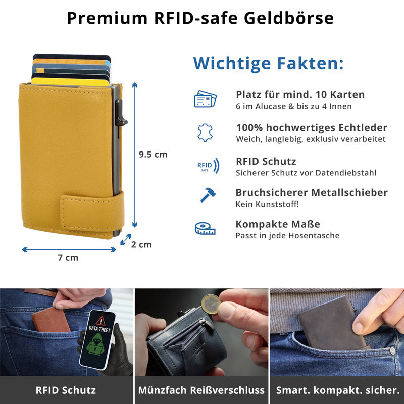 Kartenetui mit Münzfach Reißverschluss Geldbörse aus Leder - gelb