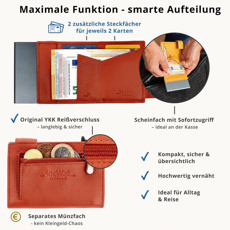 Kartenetui mit Münzfach Reißverschluss Geldbörse aus Leder - orange