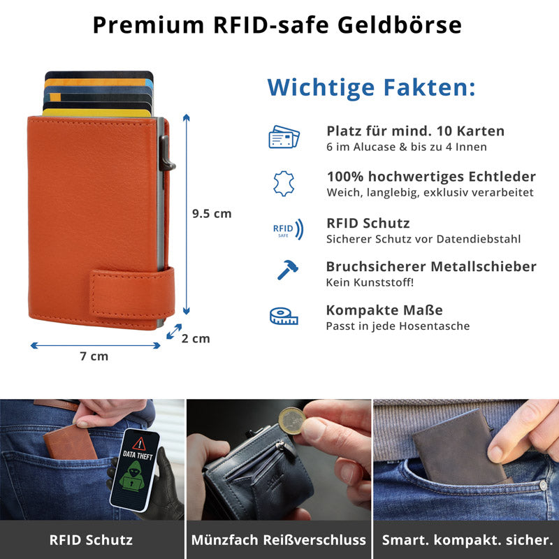 Kartenetui mit Münzfach Reißverschluss Geldbörse aus Leder - orange