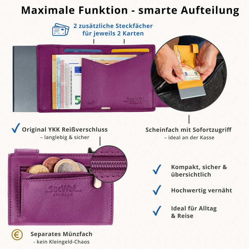 Kartenetui mit Münzfach Reißverschluss Geldbörse aus Leder - pink