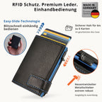 Kartenetui mit Münzfach Reißverschluss Geldbörse aus Leder - schwarz mit blauen Container