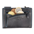 Kartenetui mit Münzfach Reißverschluss Geldbörse aus Leder - schwarz mit blauen Container