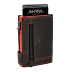 Kartenetui mit Münzfach Reißverschluss Geldbörse aus Leder - schwarz mit roten Container