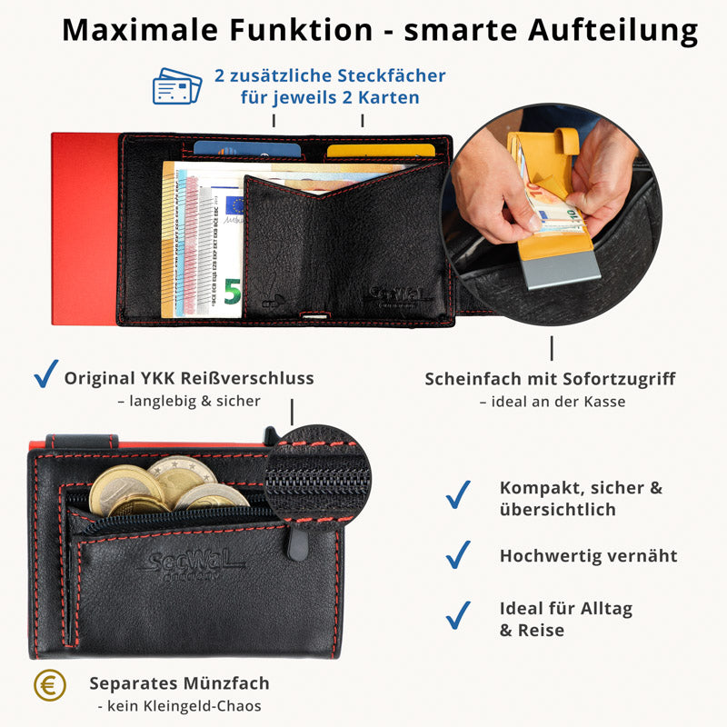 Kartenetui mit Münzfach Reißverschluss Geldbörse aus Leder - schwarz mit roten Container