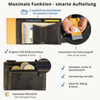 Kartenetui mit Münzfach Reißverschluss Geldbörse aus Leder - schwarz mit gelbem Container