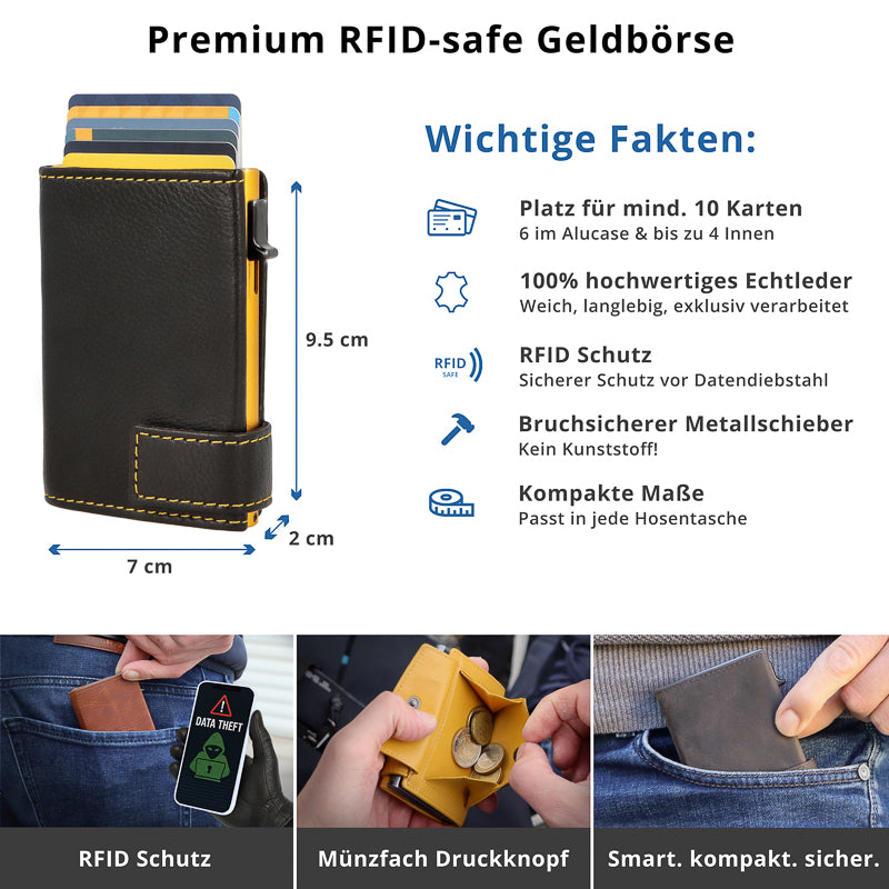 Kartenetui mit Münzfach Reißverschluss Geldbörse aus Leder - schwarz mit gelben Container