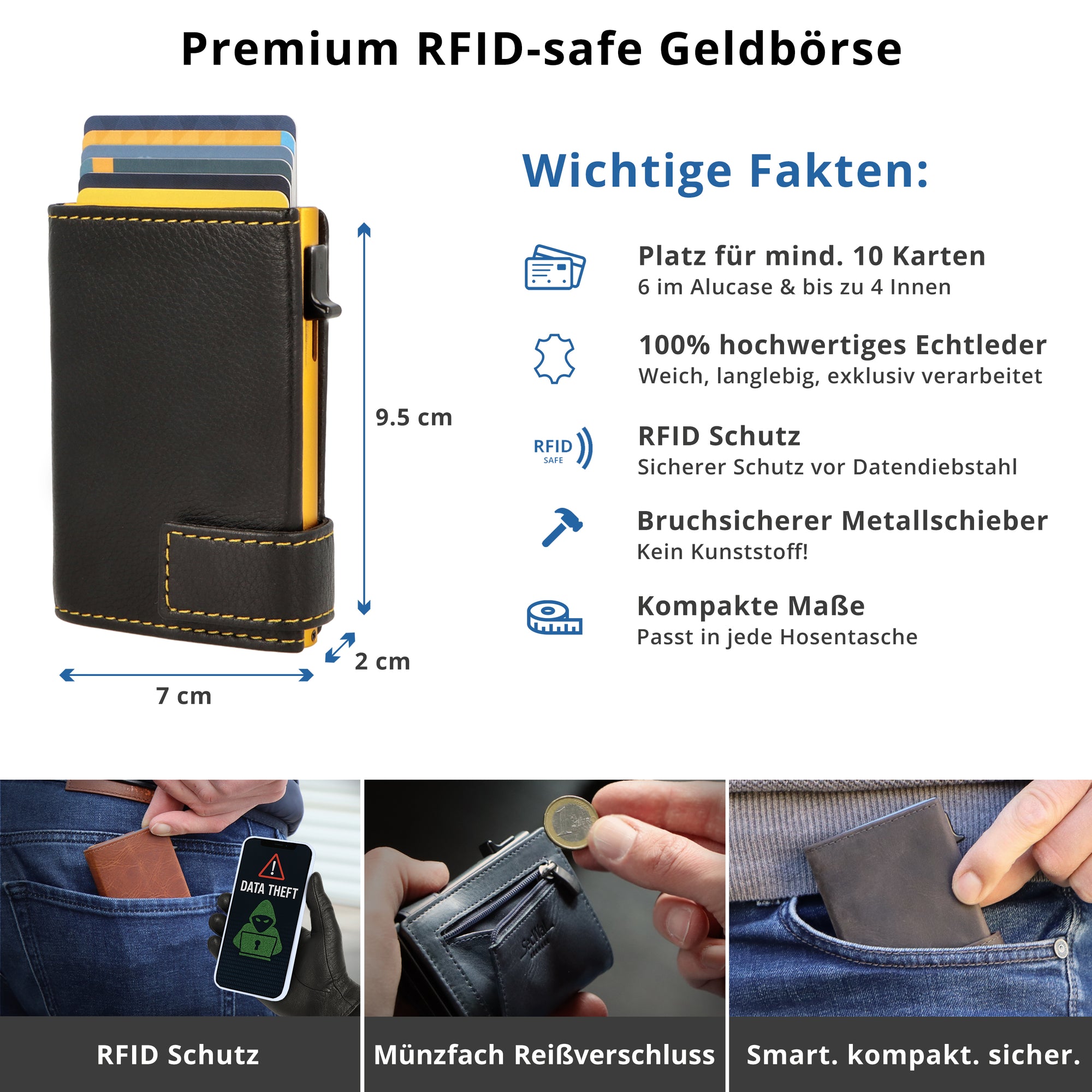 Kartenetui mit Münzfach Reißverschluss Geldbörse aus Leder - schwarz mit gelbem Container