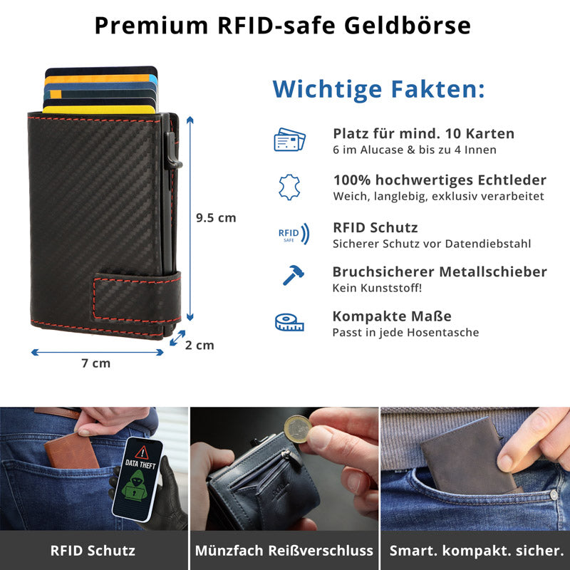 Kartenetui mit Münzfach Reißverschluss Geldbörse aus Leder - Carbon schwarz-rot
