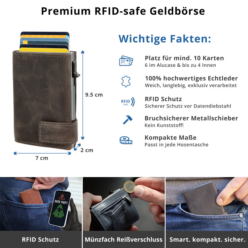 Kartenetui mit Münzfach Reißverschluss Geldbörse aus Leder - Hunter grau