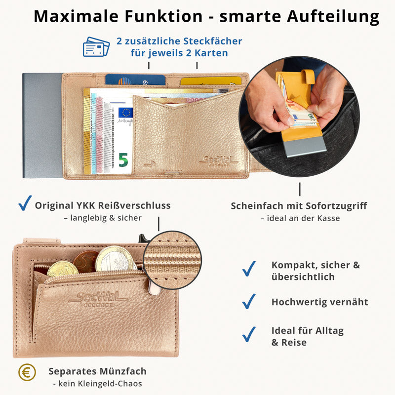 Kartenetui mit Münzfach Reißverschluss Geldbörse aus Leder - Metallic rose