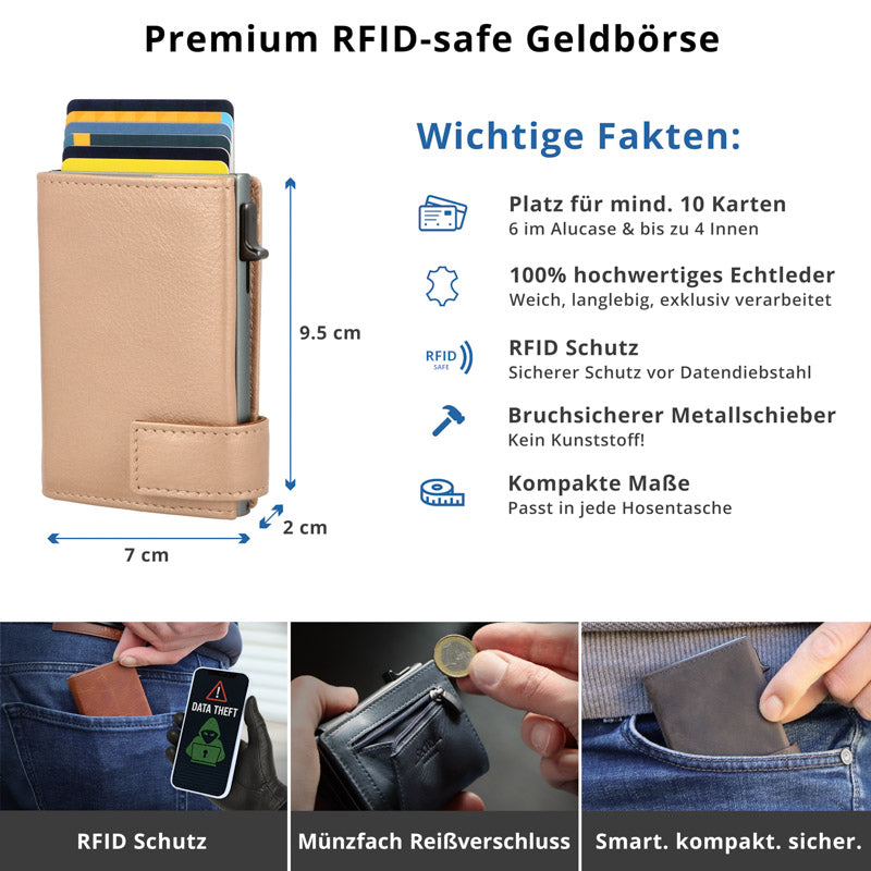 Kartenetui mit Münzfach Reißverschluss Geldbörse aus Leder - Metallic rose