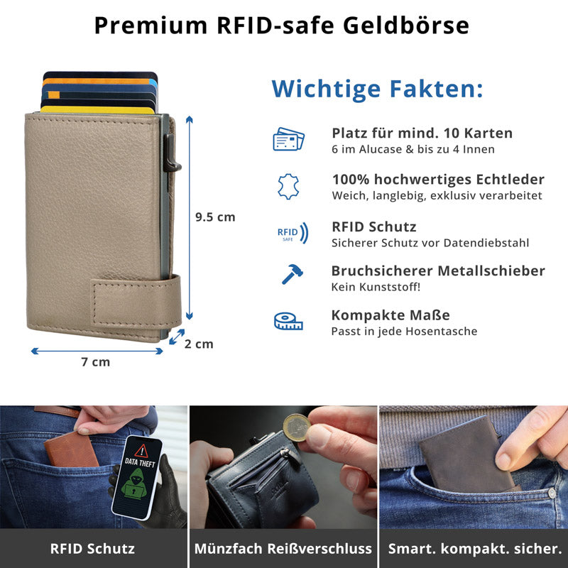 Kartenetui mit Münzfach Reißverschluss Geldbörse aus Leder - Metallic grau