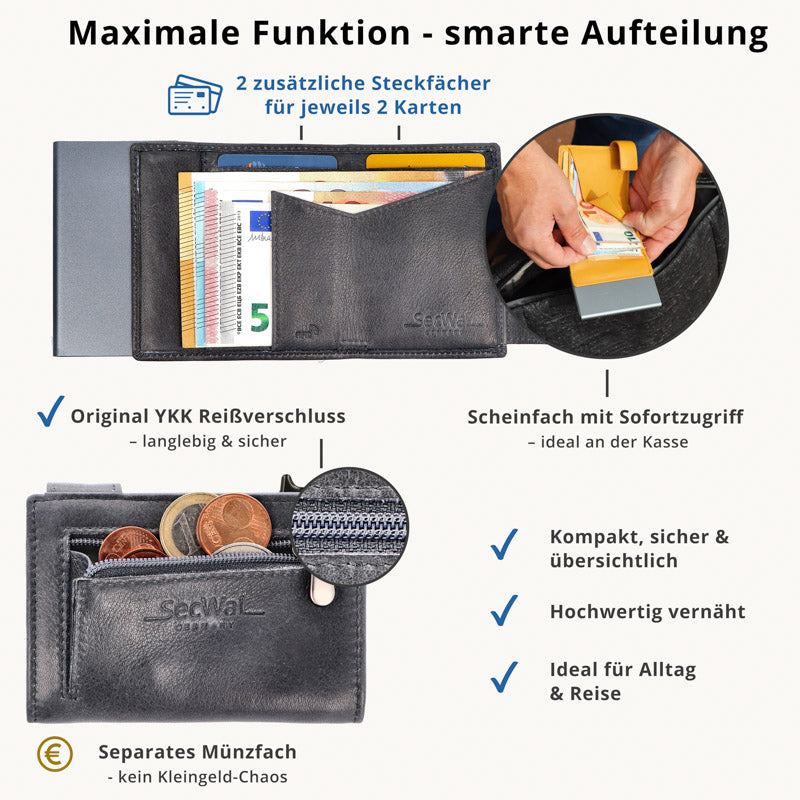 Kartenetui mit Münzfach Reißverschluss Geldbörse aus Leder - Vintage grau