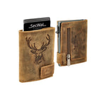 Kartenetui mit Münzfach Reißverschluss Geldbörse geprägt  aus Leder - Hunter braun (Hirsch)