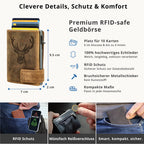 Kartenetui mit Münzfach Reißverschluss Geldbörse geprägt  aus Leder - Hunter braun (Hirsch)