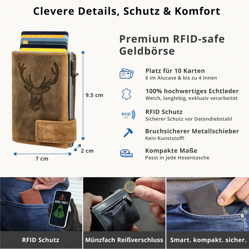 Kartenetui mit Münzfach Reißverschluss Geldbörse geprägt  aus Leder - Hunter braun (Hirsch)