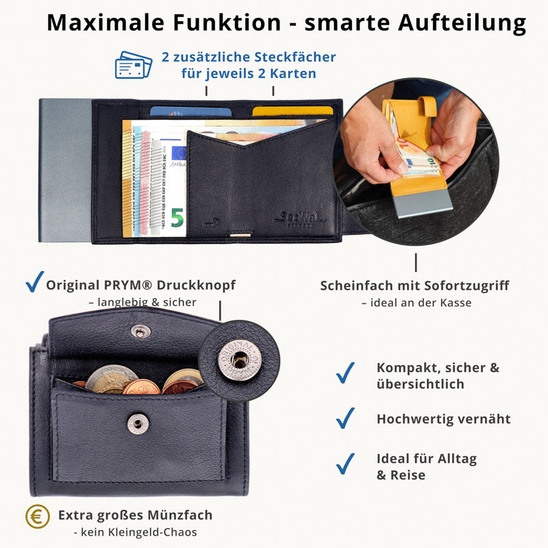 Kartenetui mit Münzfach Druckknopf Geldbörse aus Leder - blau