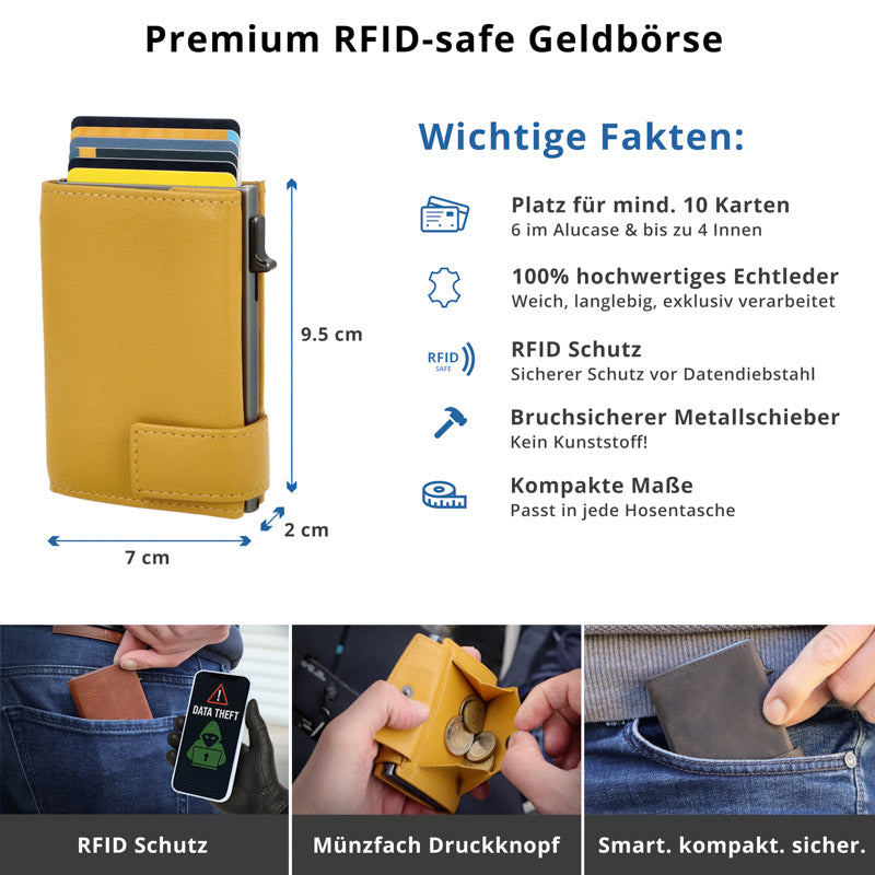 Kartenetui mit Münzfach Druckknopf Geldbörse aus Leder - gelb
