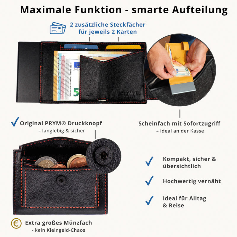 Kartenetui mit Münzfach Druckknopf Geldbörse aus Leder - schwarz-rot