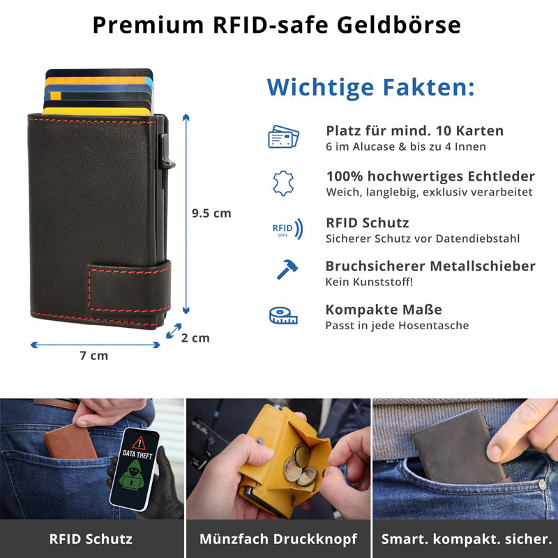 Kartenetui mit Münzfach Druckknopf Geldbörse aus Leder - schwarz-rot