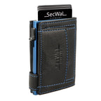 Kartenetui mit Münzfach Druckknopf Geldbörse aus Leder - schwarz mit blauen Container