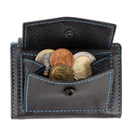 Kartenetui mit Münzfach Druckknopf Geldbörse aus Leder - schwarz mit blauen Container