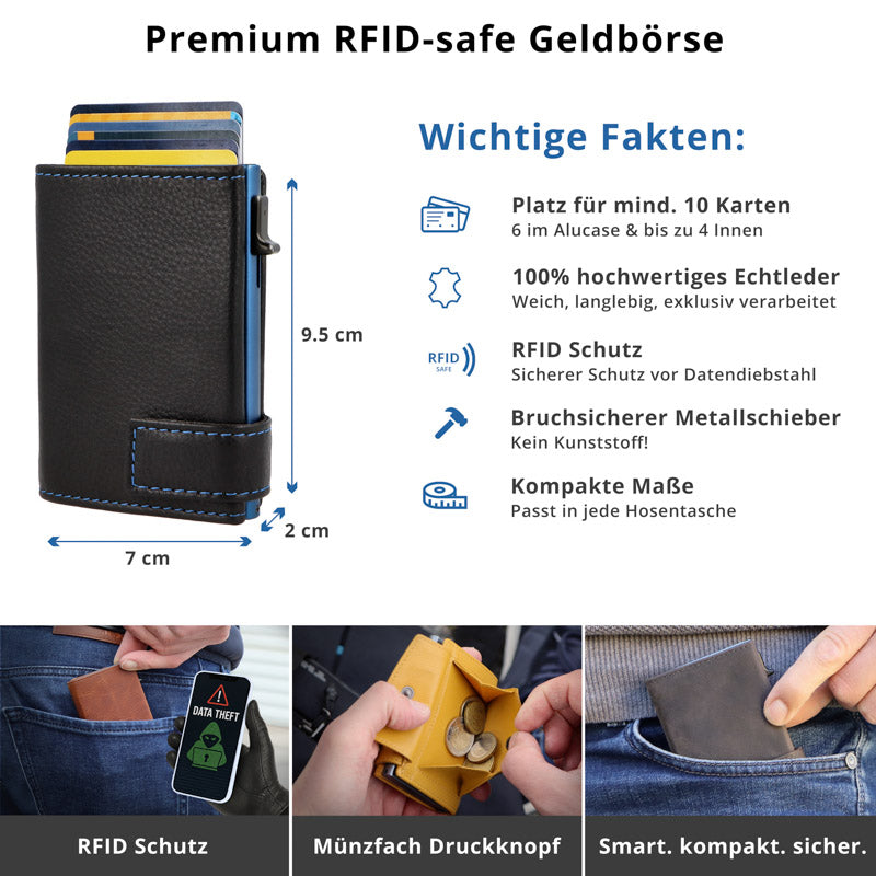 Kartenetui mit Münzfach Druckknopf Geldbörse aus Leder - schwarz mit blauen Container