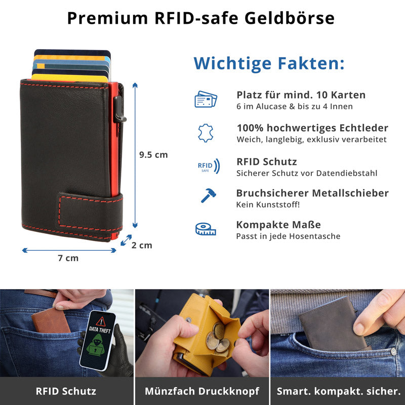 Kartenetui mit Münzfach Druckknopf Geldbörse aus Leder - schwarz mit roten Container