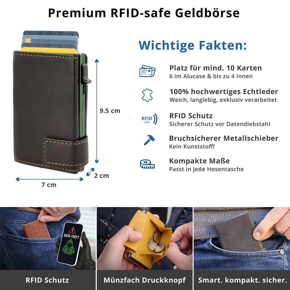 Kartenetui mit Münzfach Druckknopf Geldbörse aus Leder - schwarz mit grünem Container