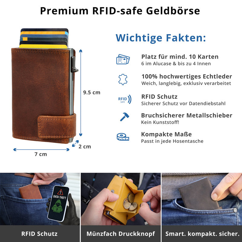Kartenetui mit Münzfach Druckknopf Geldbörse aus Leder - Bull braun