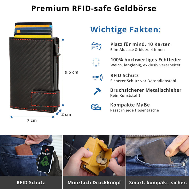 Kartenetui mit Münzfach Druckknopf Geldbörse aus Leder - Carbon schwarz-rot