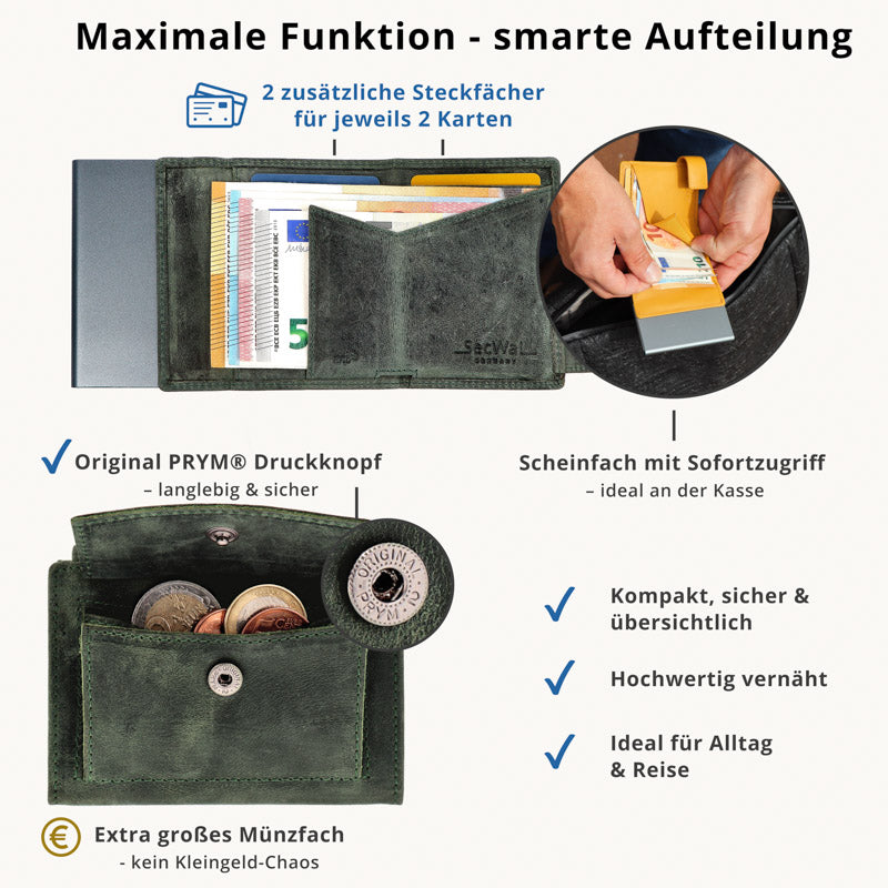 Kartenetui mit Münzfach Druckknopf Geldbörse aus Leder - Hunter grün