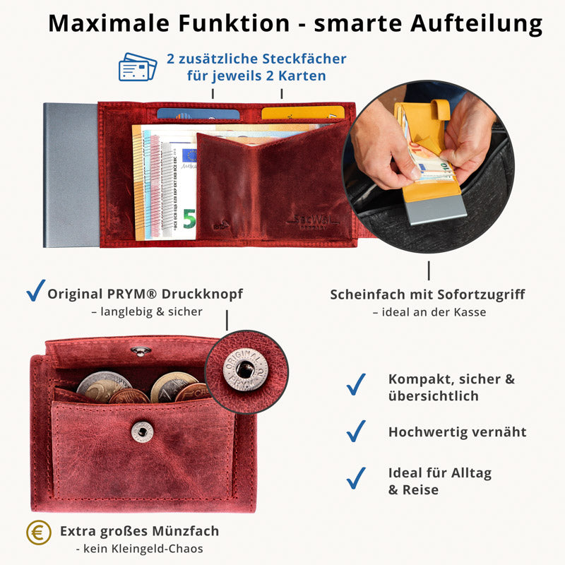Kartenetui mit Münzfach Druckknopf Geldbörse aus Leder - Hunter rot