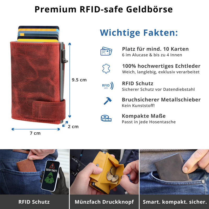 Kartenetui mit Münzfach Druckknopf Geldbörse aus Leder - Hunter rot