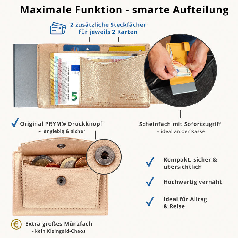 Kartenetui mit Münzfach Druckknopf Geldbörse aus Leder - Metallic rose