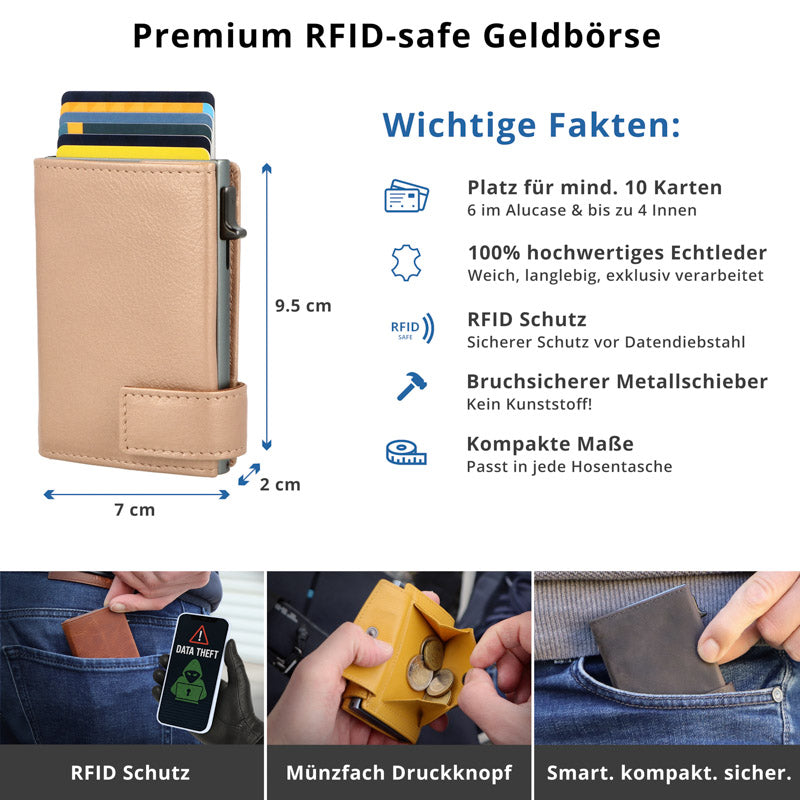 Kartenetui mit Münzfach Druckknopf Geldbörse aus Leder - Metallic rose