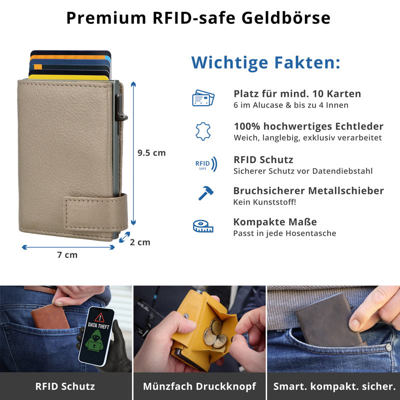 Kartenetui mit Münzfach Druckknopf Geldbörse aus Leder - Metallic grau