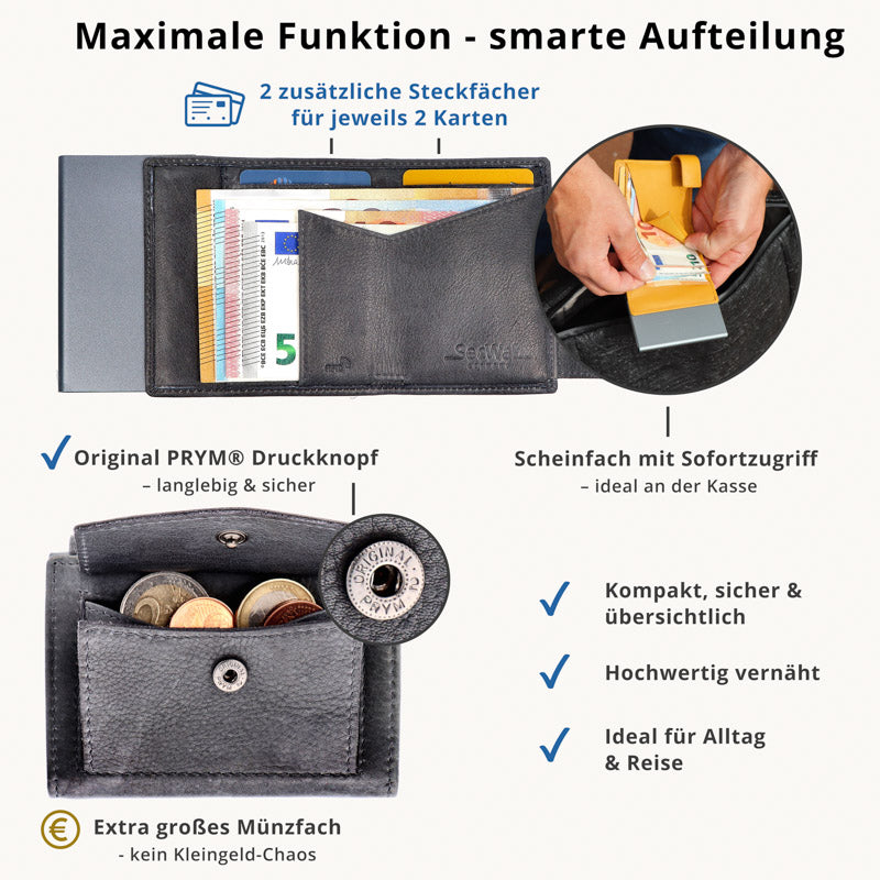 Kartenetui mit Münzfach Druckknopf Geldbörse aus Leder - Vintage grau