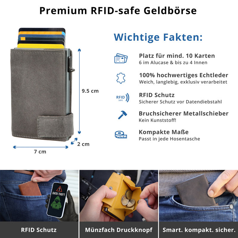 Kartenetui mit Münzfach Druckknopf Geldbörse aus Leder - Vintage grau