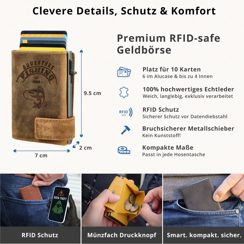 Kartenetui mit Münzfach Druckknopf Geldbörse geprägt aus Leder - Hunter braun (Fisch)