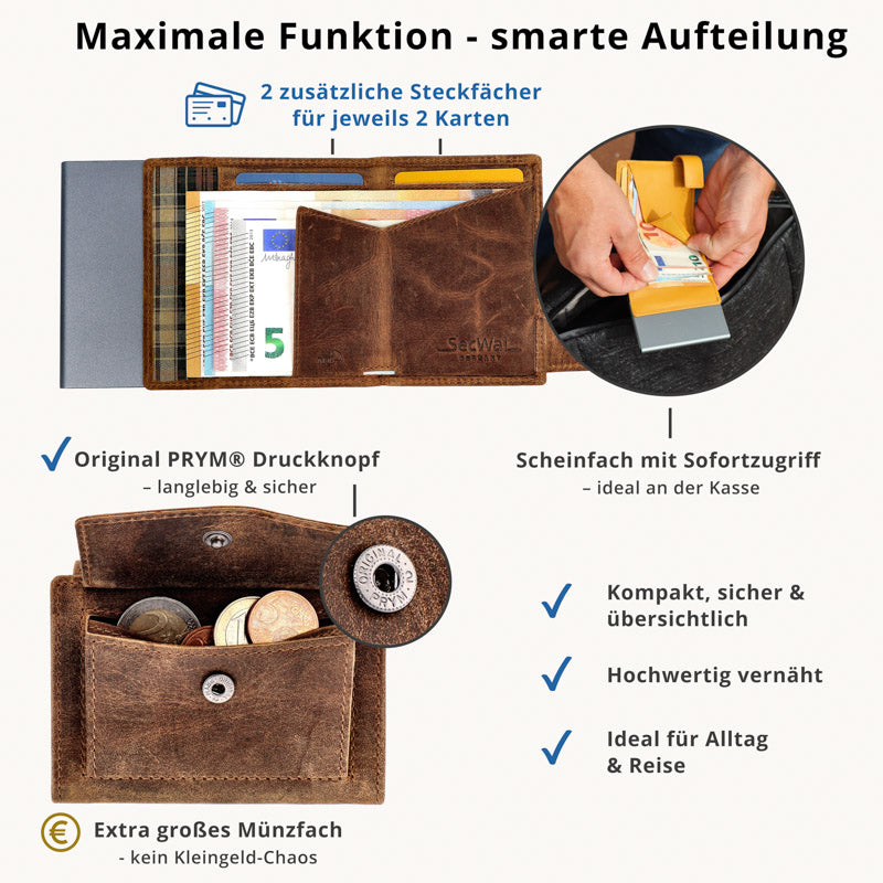 Kartenetui mit Münzfach Druckknopf Geldbörse geprägt aus Leder - Hunter braun (Adler)