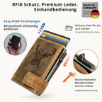 Kartenetui mit Münzfach Druckknopf Geldbörse geprägt aus Leder - Hunter braun (Hirsch)