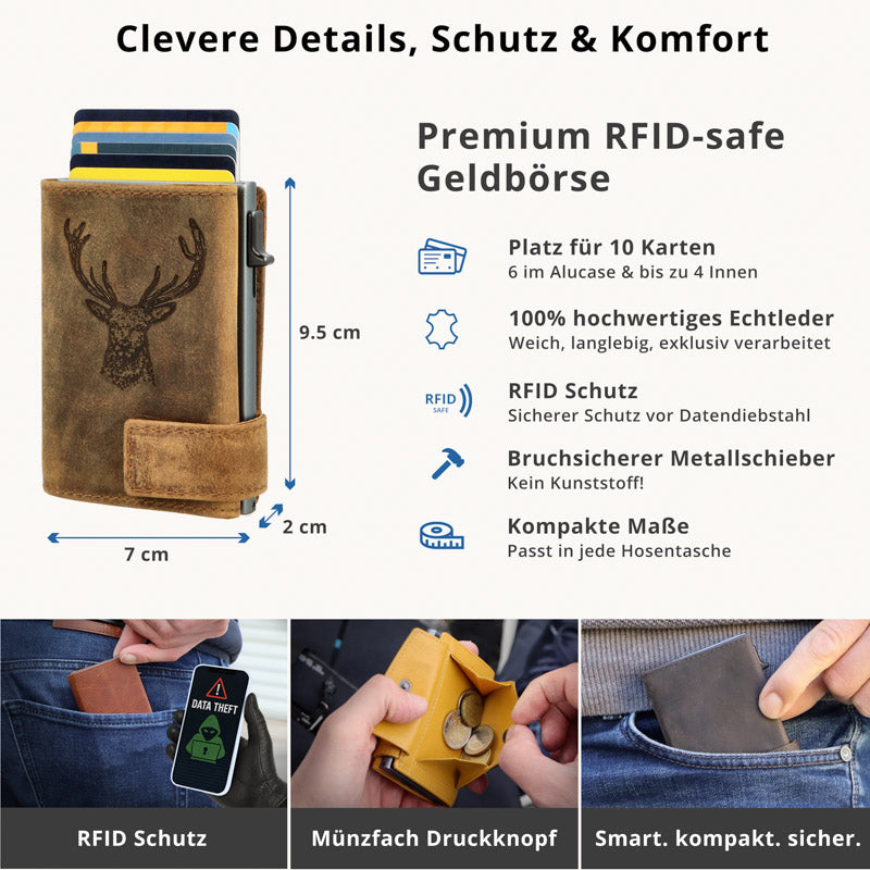 Kartenetui mit Münzfach Druckknopf Geldbörse geprägt aus Leder - Hunter braun (Hirsch)