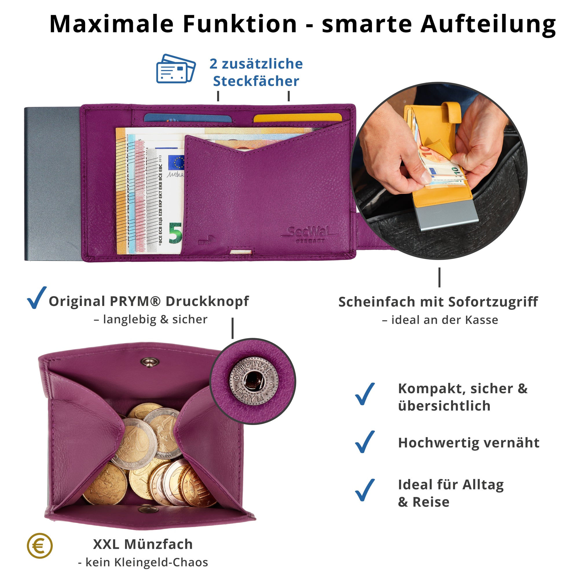 SecWal Kartenetui mit Münzfach XXL - pink