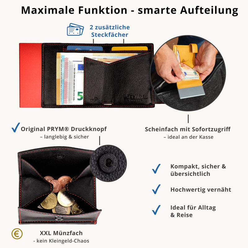 SecWal Kartenetui mit Münzfach XXL - schwarz mit rotem Container
