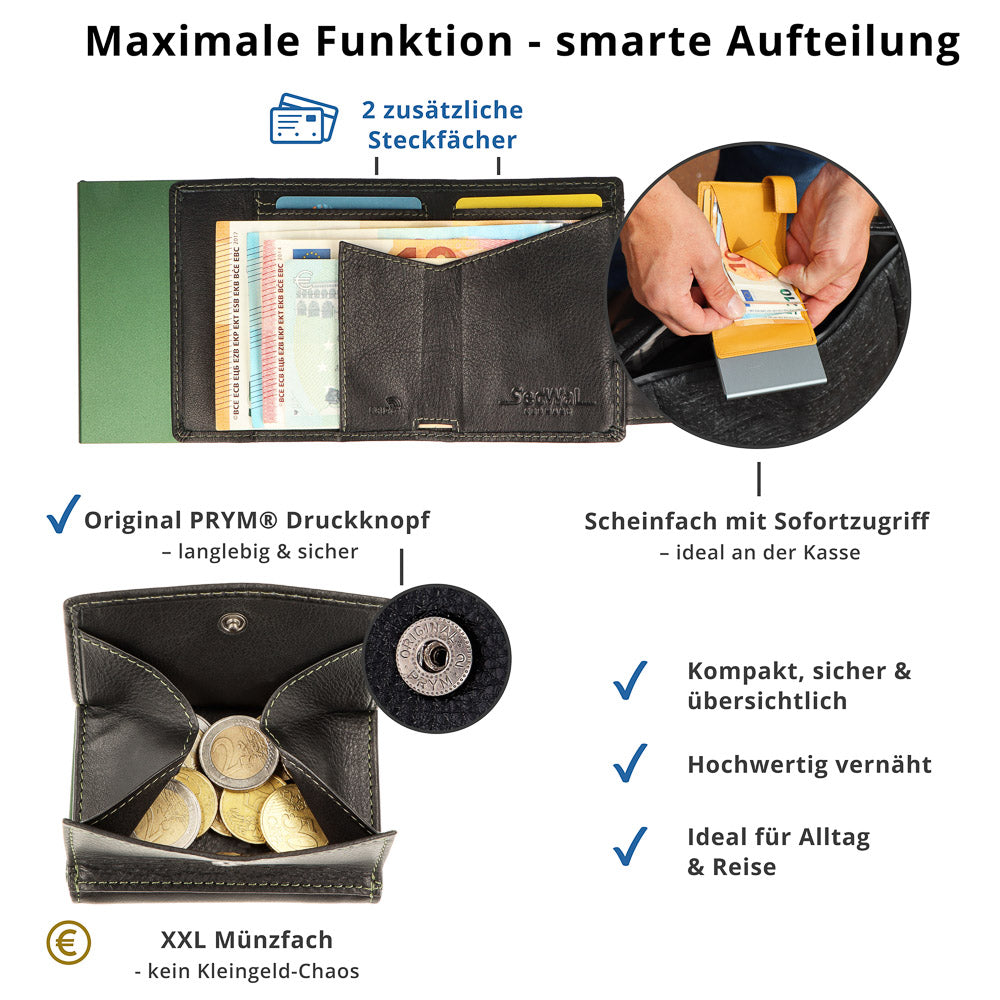 SecWal Kartenetui mit Münzfach XXL - schwarz mit grünem Container