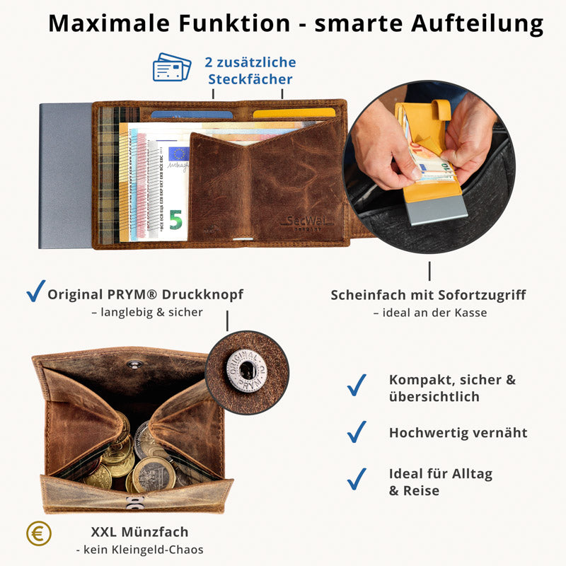 Kartenetui mit Münzfach XXL Geldbörse geprägt aus Leder - Hunter braun (Adler)