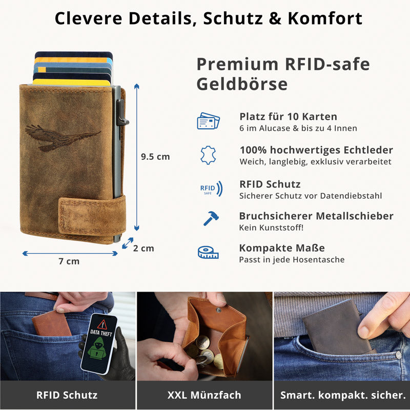 Kartenetui mit Münzfach XXL Geldbörse geprägt aus Leder - Hunter braun (Adler)