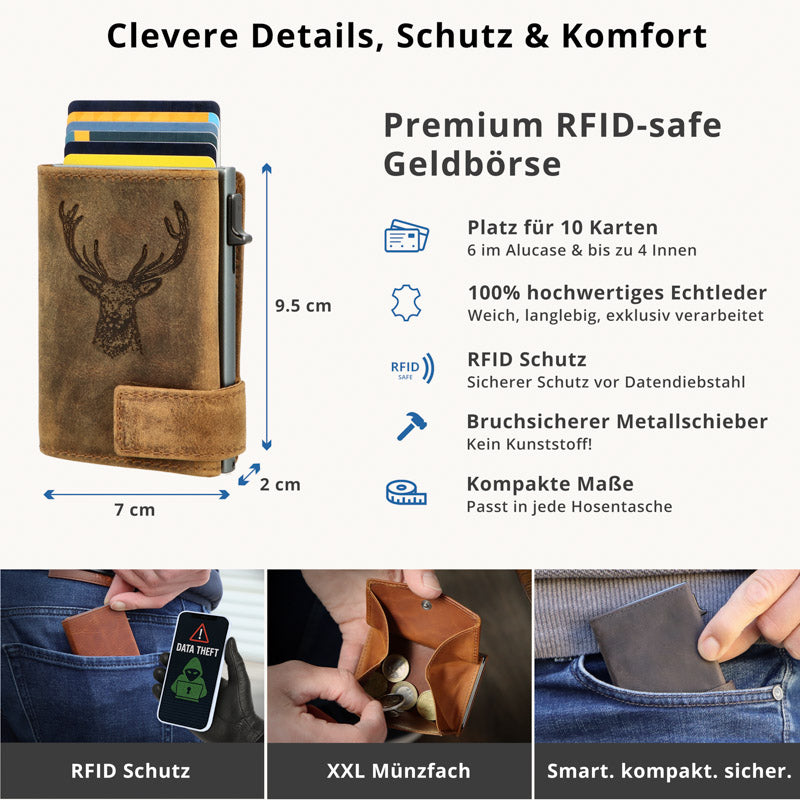 Kartenetui mit Münzfach XXL Geldbörse geprägt aus Leder - Hunter braun (Hirsch)